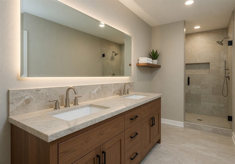 Primary bathroom remodel with natural stone and modern fixtures